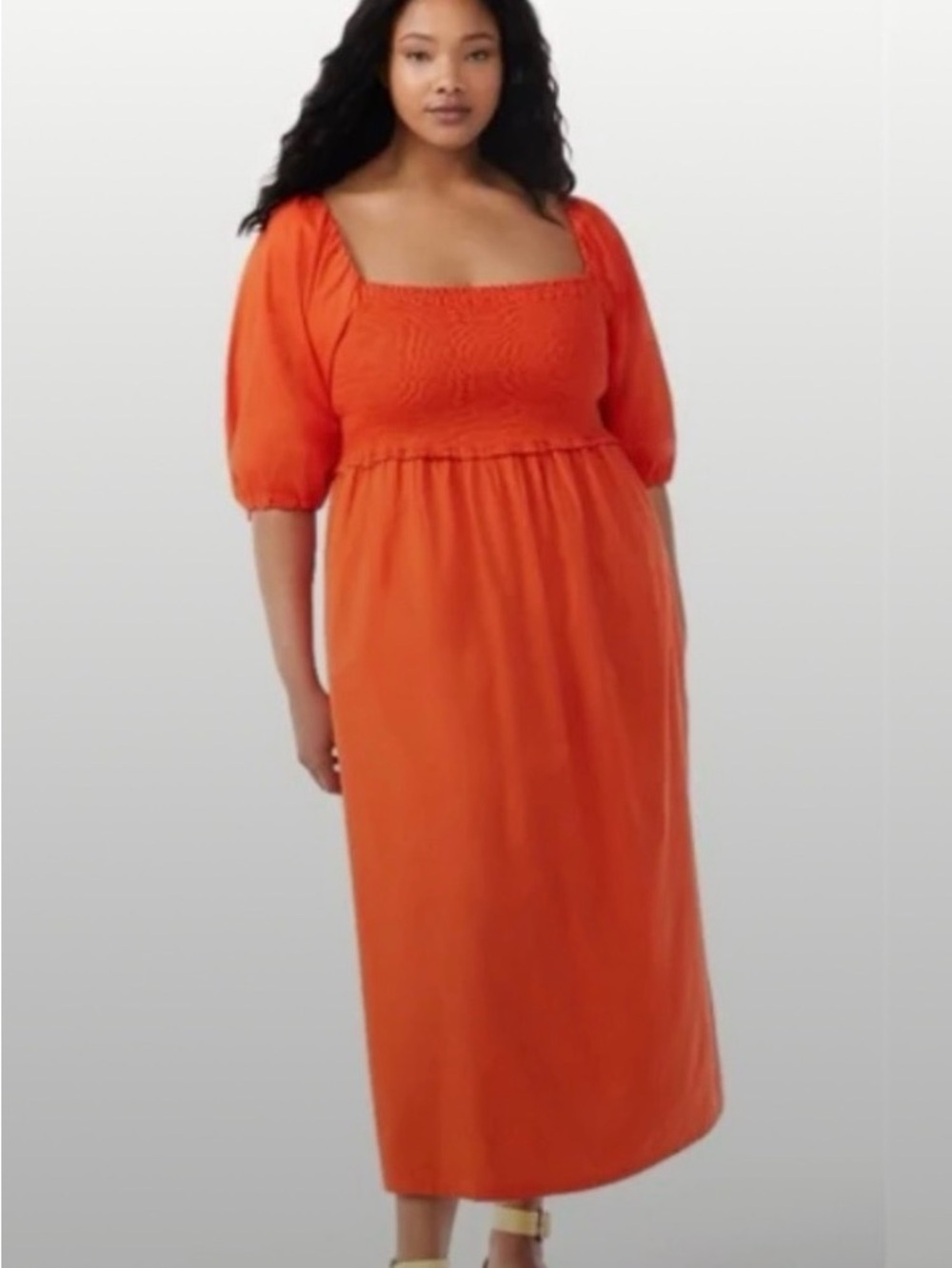 Free Assembly Orange Smocked Puff Sleeve Maxi Dress